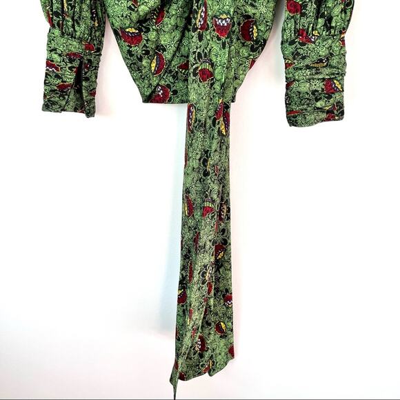 Vintage Stanley Platos green multi floral wrap tie waist blouse size 4 - Picture 5 of 13